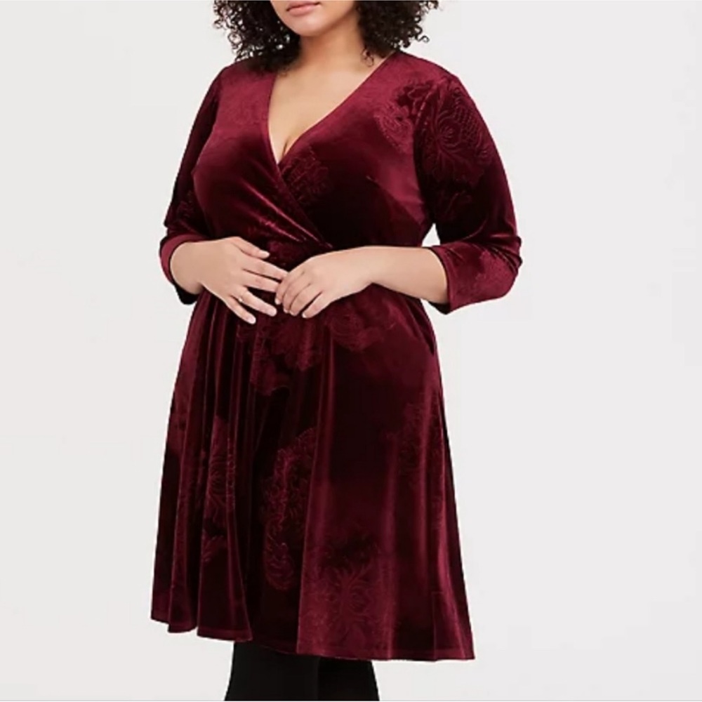 Velvet Wrap-Front Plus Dress in Burgundy